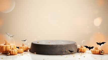 Canvas Print - Stone pedestal with pumpkins and light beige background. Product display Halloween design, minimal mockup template.