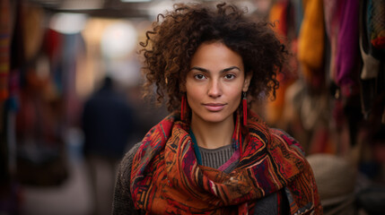 a free-spirited woman immersing herself in the vibrant tapestry of a local market during her cultural journey. 