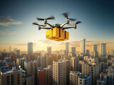 Fototapeta Londyn - Drone Hoisting Package Through Urban Neighborhood Delivery