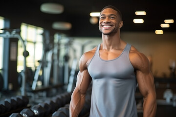 Fit man exercising with dumbbells in fitness center