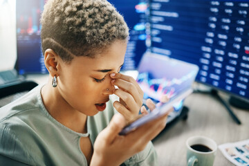 Poster - Frustrated woman, phone and headache in trading mistake, fail or stock market crash at office. Female person or broker in debt, stress or anxiety with smartphone in financial crisis or bad investment