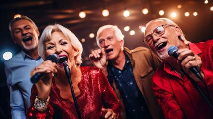 Wall Mural - Senior friend group singing karaoke. Fun retirement birthday activity