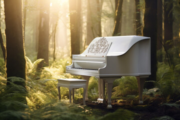 Wall Mural - White piano in the forest with sun light background
