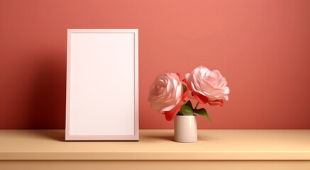 Canvas Print - room interior with picture frame with empty white background and vase with decorative flowers on light brown wall. Generative Ai