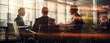 © PETR BABKIN - silhouettes of businessmen against a blurred office background discussing the further promotion of their products on the market. Generative Ai