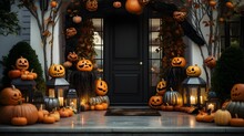Halloween pumpkin decorations of the home entrance. Modern house decor.