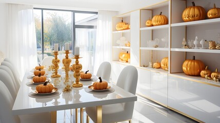 Wall Mural - Halloween pumpkin decorations on a table. Modern bright kitchen.