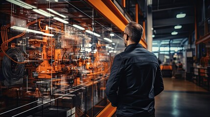 Wall Mural - Engineer manager monitors and controls robot arm automation in smart factories in real time monitoring system software, welding robots and digital manufacturing operations