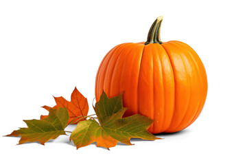Wall Mural - pumpkin with maple leaves, png file of isolated cutout object with shadow on transparent background.