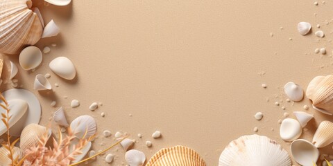 AI Generated. AI Generative. Nautical beach marine seascape sea shell sand island copy space mock up background. Graphic Art