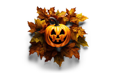 Wall Mural - halloween Jack-o-lantern pumpkin with autumn leaves, png file of isolated cutout object with shadow on transparent background.