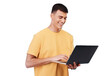 Man, student and laptop for education, e learning studying and college research or registration FAQ. Person typing, computer and online university application, isolated on transparent png background