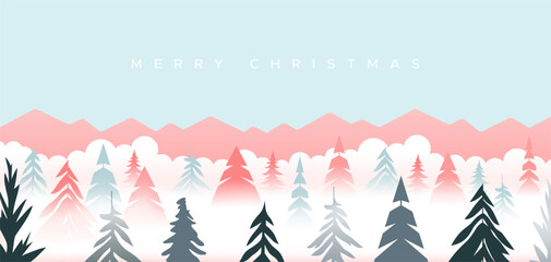 Wall Mural - Christmas pine tree landscape background illustration. Vintage xmas flat art style banner, winter season travel scenery. Holiday greeting card, festive invitation template.