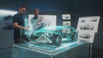 Two professional automotive engineers choose body of new eco-friendly electric car using futuristic augmented reality hologram. 3D computer graphics of vehicle high-tech developing. VFX animation.