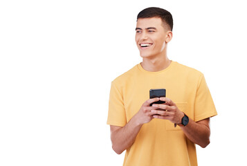 Aufkleber - Happy man, phone and thinking in social media or communication isolated on a transparent PNG background. Male person smile, typing or online texting, chatting or networking on mobile smartphone app