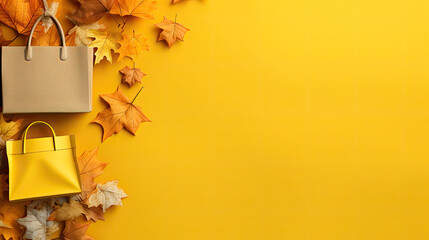 Wall Mural - Women's handbags and fallen orange leaves on a yellow background. Blank space for product placement or promotional text for autumn sales.