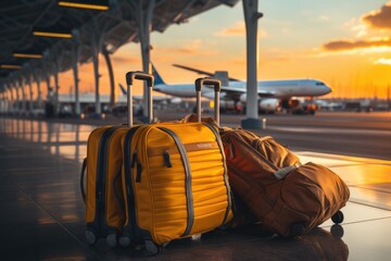 Two suitcases in an empty airport hall, traveler cases in the departure airport terminal waiting for the area, vacation concept