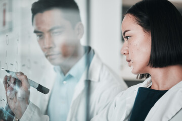 Poster - Scientist, staff and teamwork with board with formula, writing and pharmaceutical research in lab. Asian woman, clinic and science team with chemistry, hospital and laboratory planning with analytics