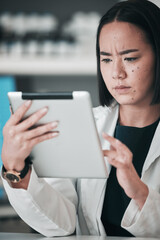 Poster - Tablet, pharmacy and confused Asian woman in laboratory for website, wellness app or telehealth. Healthcare, pharmaceutical and person on digital tech online for medical service, medicine or research