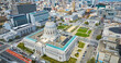 Solar panels on city hall roof with aerial view of San Francisco