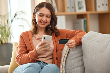 Poster - Home, woman and cellphone with credit card, online shopping and investment in a lounge. Person, girl and consumer on a sofa, smartphone and banking with payment, finance and ecommerce with budget