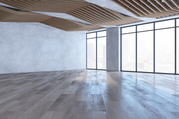 Poster - Modern empty spacious concrete interior with mock up place on wall, wooden flooring, windows, city view and daylight. 3D Rendering.