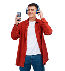 Aufkleber - Happy man, phone and listening to music with headphones isolated on a transparent PNG background. Male person smile in relax for audio streaming, sound or playlist on headset or mobile smartphone app
