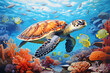 Schildkröte schwimmt durch Korallenriff umgeben von bunten Fischen