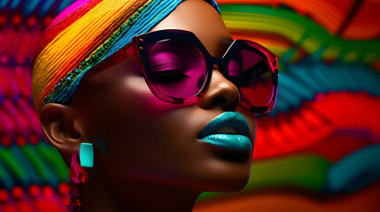 African woman with rainbow colors make up, wearing fashionable colorful sunglasses, in style of afrofuturism