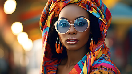 African woman with rainbow colors make up, wearing fashionable colorful sunglasses, in style of afrofuturism