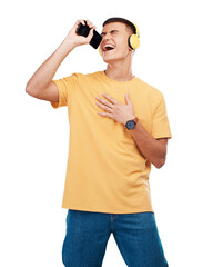 Aufkleber - Happy man, headphones and karaoke with phone in studio for music, radio or audio with smile on transparent png background. Listen, singing and person with digital media streaming sound or podcast