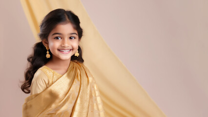 Wall Mural - Indian girl in gold sari traditional cloth smile, diwali celebration