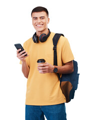Poster - Happy man, portrait and student with phone in social media or communication isolated against a transparent PNG background. Male person smile with coffee, backpack and mobile smartphone for networking