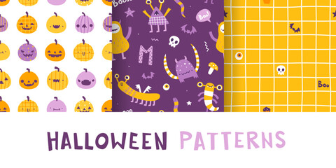 Wall Mural - set of cute halloween patterns for baby textile. seamless vector halloween prints collection for kid