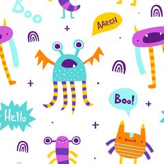 Wall Mural - seamless pattern with colorful monsters. abstract vector print with naive monsters for kids textile.