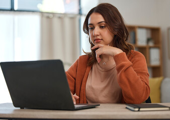 Poster - Woman, laptop and reading with remote work from home, idea or thinking for web design job at desk. Freelance entrepreneur, computer and planning for brainstorming, problem solving or typing in house