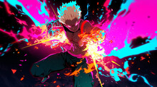 Cool Action Pose Anime For Hero Male Fighter Character, Fire Sparks, Blurred Background