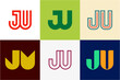 Set of letter JU logos. Abstract logos collection with letters. Geometrical abstract logos