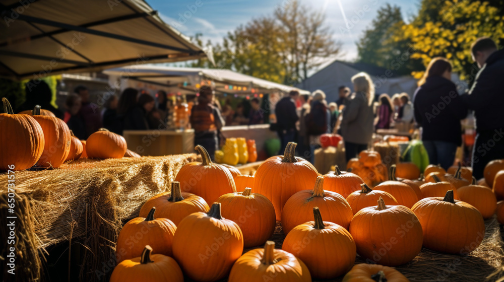 Vibrant display of ripe orange pumpkins at a local autumn market stall ...