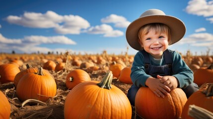 beautiful little boy in pumpkin patch field at sunny autumn day. happy cute child laughing. baby pla