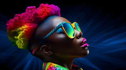 African woman with rainbow colors make up, wearing fashionable colorful sunglasses, in style of afrofuturism