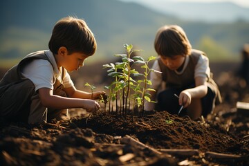 children planting a plant in the ground, reforestation concept