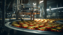 A Busy Food Canning Factory, With Conveyor Belts Filling And Sealing Cans Of Vegetables Without Humans