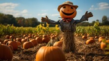 Funny Scarecrow Figure With A Carved Pumpkin Head With Smile Stands Amidst A Field Of Vibrant Orange Pumpkins, Creating Festive Autumn Scene. Halloween On Pumpkin Patch.