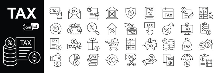 Tax icon set. Interest rate, tax return, vat, tariff, personal tax, collection. Vector illustration.