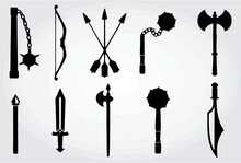 Medieval War Weapons, Set Icon Crossbow, Sword, Axe, Pike Mace And Katana Old Cold Weaponry Black Silhouette Vector Illustration,  Eps 10. Easy To Reuse In Designing Games And Apps.