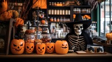 Halloween decorations of a cafe, a person in dark Halloween costume. Modern dark interior.