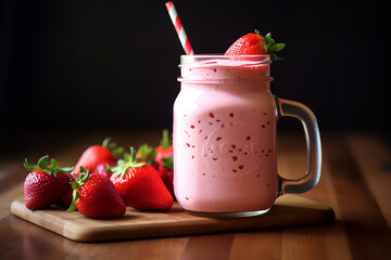 Wall Mural - A mason jar filled with strawberry milk and topped with whipped cream, evoking nostalgia and summertime sweetness