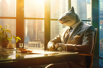 Shark like a confident businessman sits at table in the office. Sunset light in windows. Generative AI