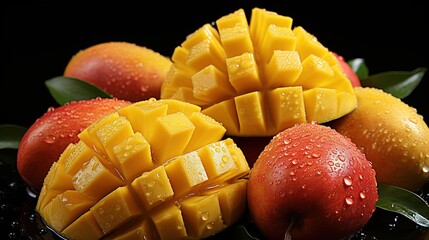 Wall Mural - Generative AI, closeup fresh mango fruit background. Tropical exotic closeup photo with water drops.	